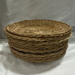 Vintage Wicker Plate Holders Solid Pattern Picnic Serving Trays Set 10